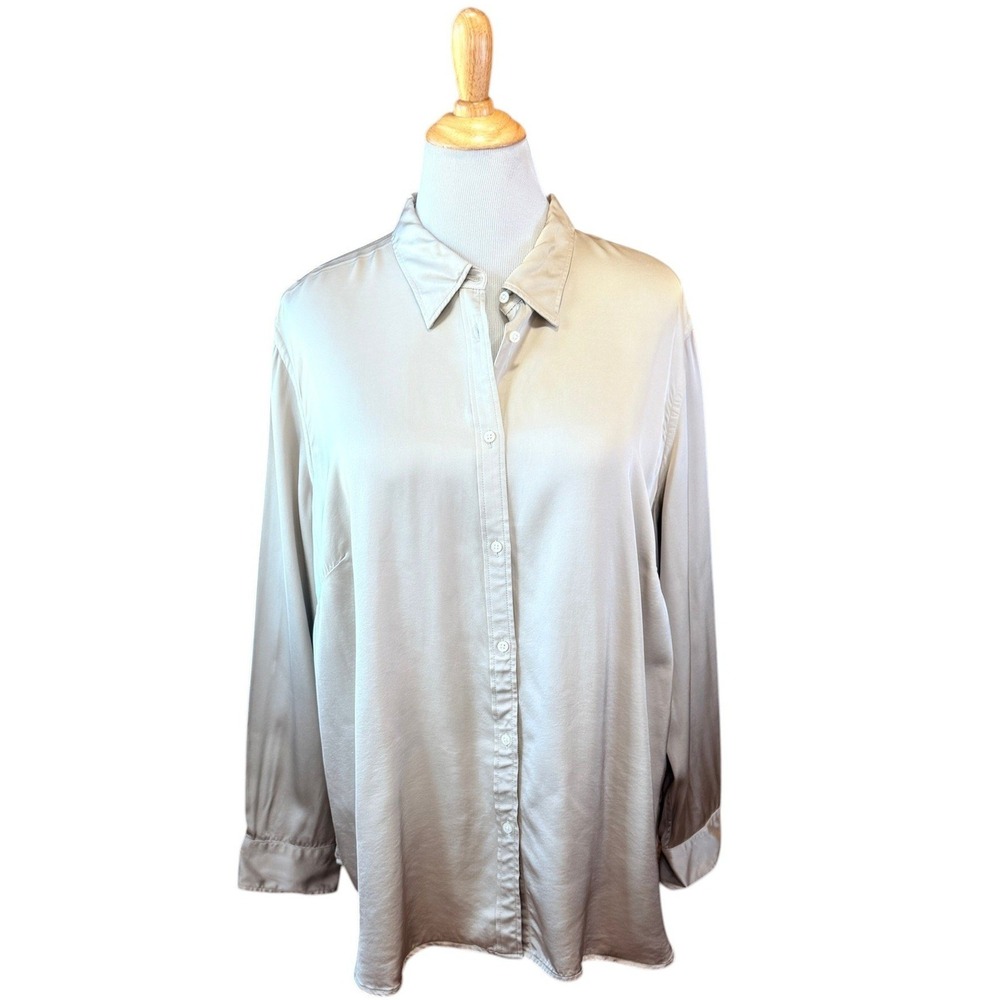 Plus Ralph Lauren Champagne Satin Button Down Blouse Long Sleeve 3X